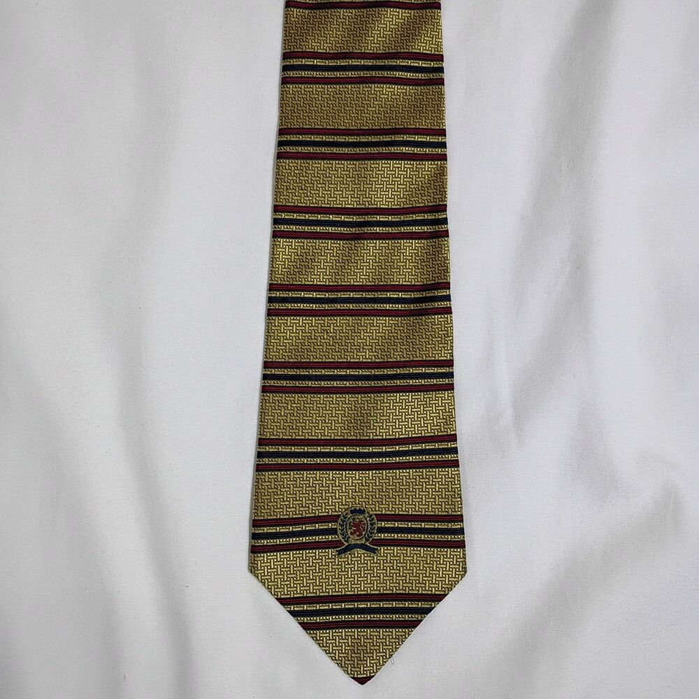 Tommy Hilfiger Horizontal Striped Silk Tie Vintage Gold Red Blue 58 x 4 USA Made